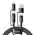 Mcdodo 4 in 1 Charging Cable with LED Watt Display (CA-199)rand: Mcdodo Model: CA-199 Material: Aluminum Alloy/Nylon Color: Black Interface: USB-A/USB-C to USB-C for iPhone Length: 1.2 m Power: A-C: 18W; A-L: 10W Max; C-C: 60W 60WMax; C-L: 36W Max.