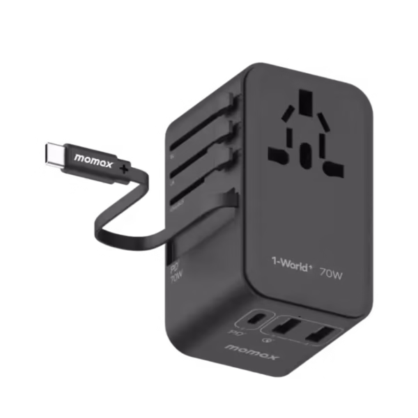 Momax 1 World 3-Ports GaN Universal Travel Charger - 70W-black[PD 70W GaN Tech] [5 Device Multi Usage: USB Charger + AC Adapter] 5